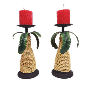 Pair of 2 Metal Sisal Rope Palm Tree Tiki Aloha Candleholder Pillar Candle Stand